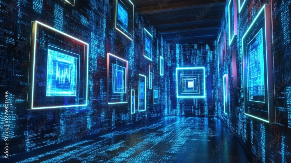 Poster futuristic corridor showing glowing screens and data stream transmitting across digital matrix code 