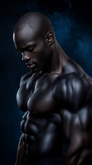 Fototapeta premium A muscular Black man poses against a moody, dark blue background. His physique is sharply defined.