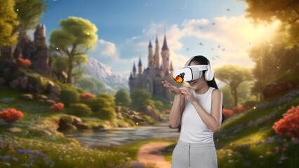 Woman using VR transfer to wonderland metaverse playing butterfly flying away fairytale forest meta...