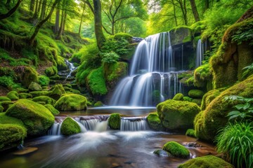Fototapeta premium Serene Waterfall Cascading Through Lush Green Mossy Rocks in a Tranquil Forest