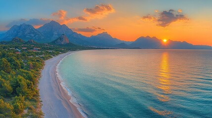 Sunset aerial coastal beach mountainscape