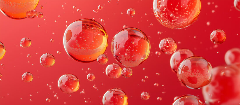 Floating red bubbles of different sizes create vibrant texture against red background, evoking sense of playfulness and energy