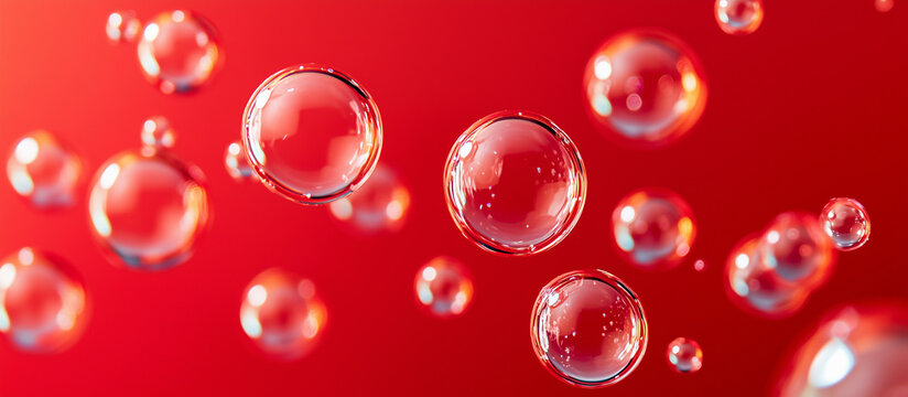 Floating red bubbles of various sizes create vibrant texture against bold background