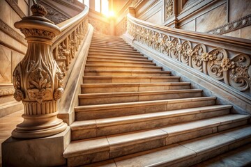 Illuminated Grand Staircase Ornate Stonework and Sunlit Ascent