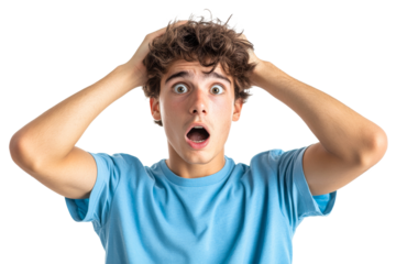 Teen shows surprise with hands on head