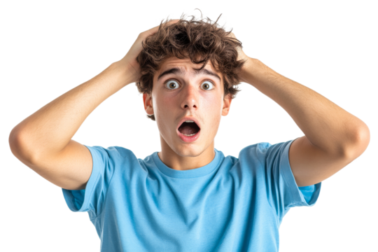 Teen shows surprise with hands on head