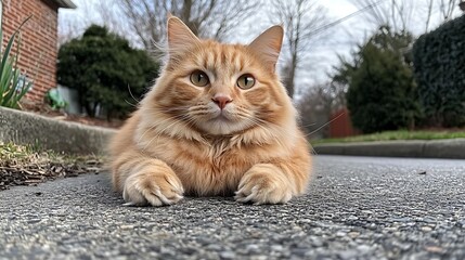 Orange cat laying on street curb, suburban home background