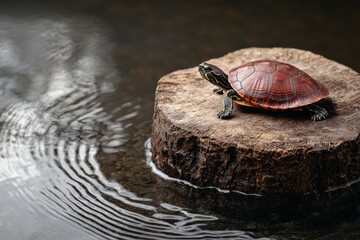 Obraz premium Turtle resting on a log in the water.
