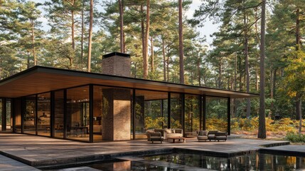 Modern Glass House in a Pine Forest