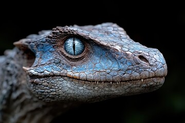 Close-up of a blue dinosaur head with scales and a striking eye.