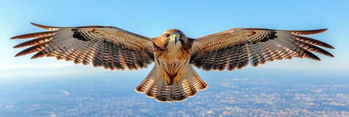 Red-tailed hawk in flight over landscape.