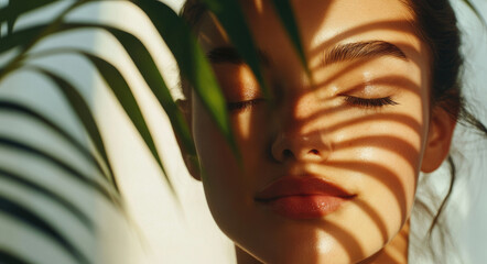 A close-up of a serene face partially obscured by plant shadows, evoking tranquility.