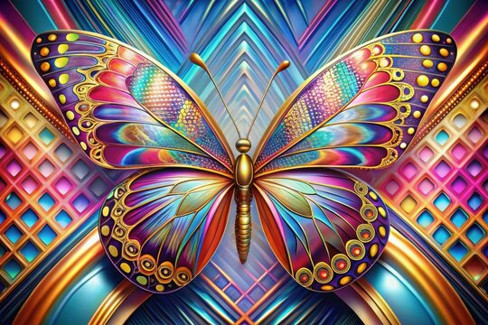 A vibrant, jeweled butterfly with iridescent wings against a backdrop of colorful geometric patterns and metallic curves