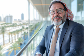 Confident Middle Eastern businessman sits on modern building balcony overlooking city, conveying success and leadership. Ideal for business, finance, and leadership articles