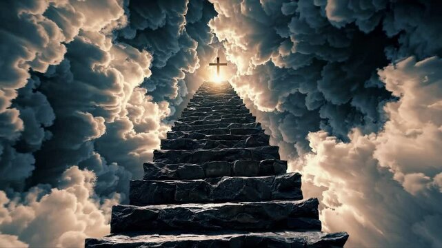 Dramatic video concept with a low-angle view of a stone staircase ascending into a bright sky, surrounded by swirling clouds and a glowing cross.