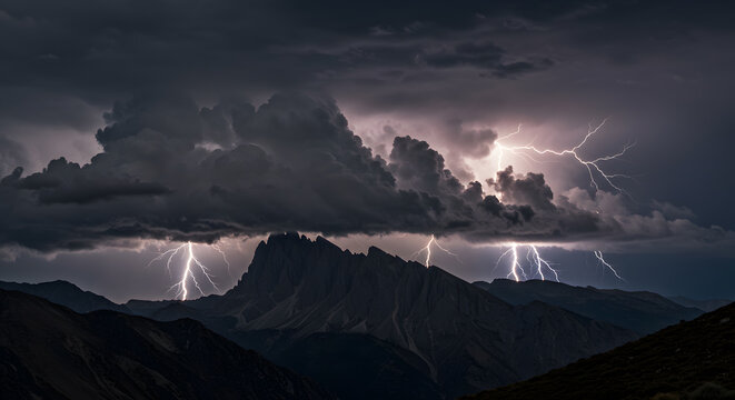 Dramatic storm clouds rolling over a mountain landscape, illuminated by lightning