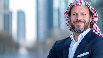 Confident Middle Eastern businessman smiling, arms crossed, city backdrop.  Ideal for business, finance, or leadership articles
