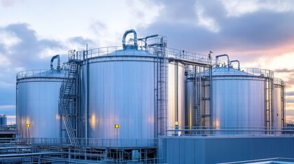 Obraz premium Industrial storage tanks at sunset, showcasing modern chemical or manufacturing plant.