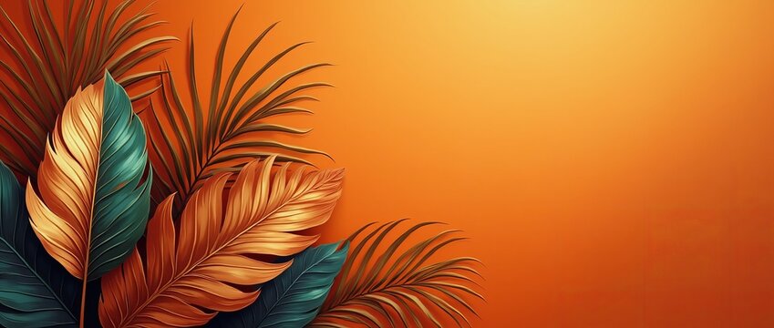 Fundo laranjado com folhas met&aacute;licas tropicais, laranja e verde, espa&ccedil;o para texto