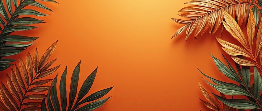 Fundo laranjado com folhas met&aacute;licas tropicais, laranja e verde, espa&ccedil;o para texto