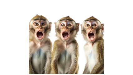 Three monkeys displaying surprise in nature