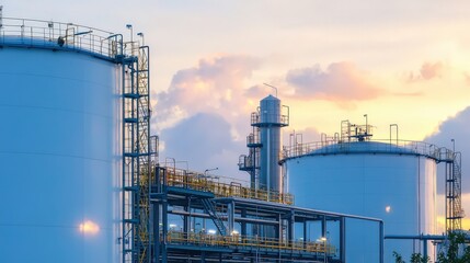 Obraz premium Industrial sunset scene featuring large storage tanks and refinery structures, showcasing modern industrial design against a vibrant sky.