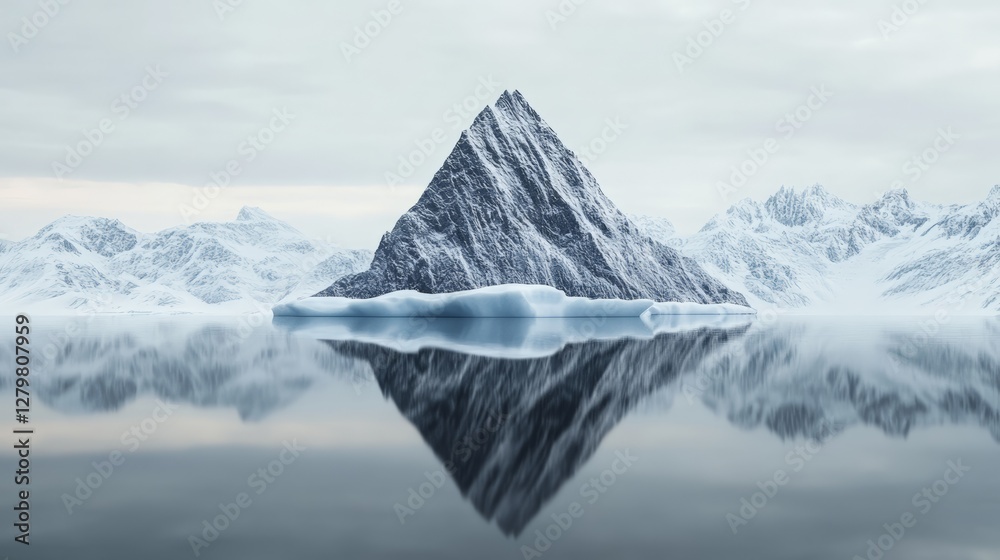 Aufkleber Snowy mountain peak and surrounding glacial landscape reflecting in calm arctic waters under a cloudy sky, creating a serene and pristine polar scene