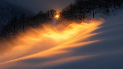 Fototapeta premium Sunset snowdrift, mountain, winter, wind, glow, landscape, cold, nature, scenic, travel