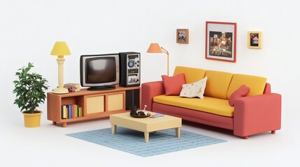 Fototapeta premium Cozy Living Room with Colorful Furniture and Vintage Television