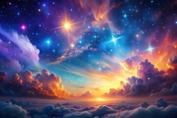 Naklejka premium A Celestial Tapestry of Vivid Colors, Radiant Stars, and Dreamlike Clouds at Sunrise