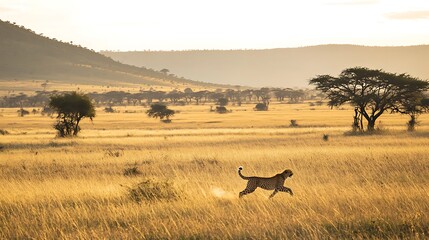 Naklejka premium Cheetah Running Across Golden Savannah Grassland at Sunrise, Africa Wildlife