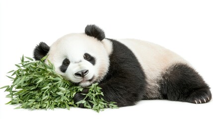 Fototapeta premium Panda cub lying down eating bamboo