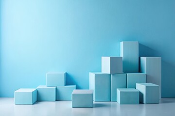 Pastel Blue Cubes Arranged on a White Surface Against a Light Blue Background