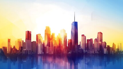 City skyline sunrise vibrant reflection abstract