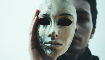 A mysterious figure holds a mask, exploring themes of identity and perception. An evocative visual representation.