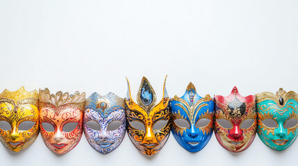 A vibrant display of traditional decorative masks showcasing intricate designs and vivid colors for cultural celebration.
