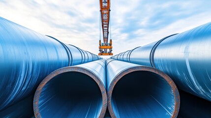 Large industrial pipes being lifted by a crane.  A striking image of heavy industry and infrastructure projects.