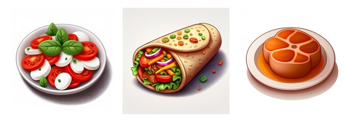 Three food dishes on white: a fresh salad with tomatoes, mozzarella, basil; a savory wrap with filling; and roasted meat.