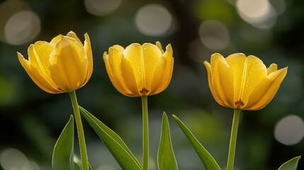 Three yellow tulips garden bokeh sunlight spring