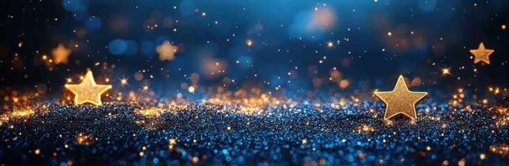 Obraz premium Glimmering Stars on a Dark Blue Background with Sparkling Particles and Shimmering Glitter, Creating a Magical, Enchanting Atmosphere for Celebrations
