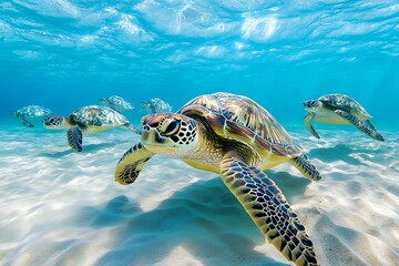 Fototapeta premium Tropical Sea Turtles Swimming Over Sandy Bottom