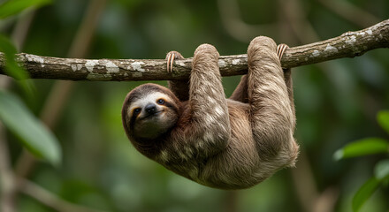 Fototapeta premium Adorable Three-Toed Sloth Hanging Upside Down on a Branch in Lush Green Rainforest