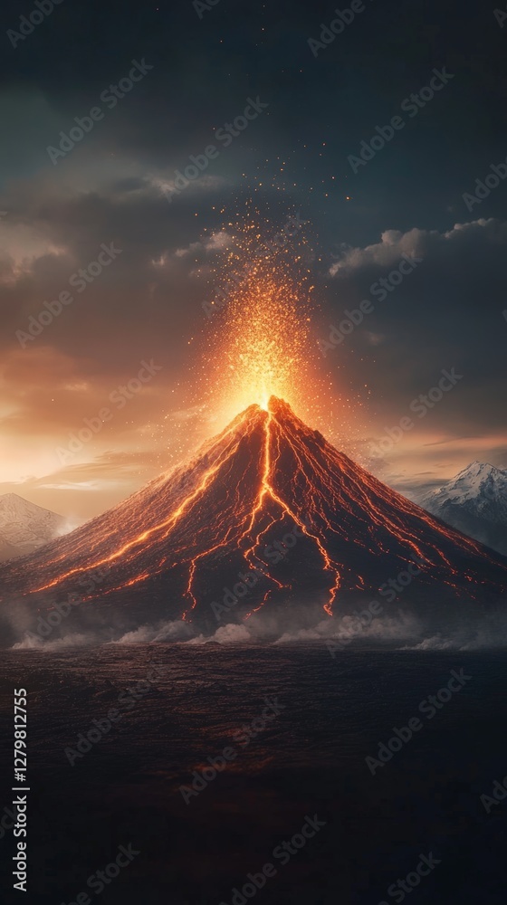 Poster volcano erupting at night, with molten lava flowing down its slopes, creating a stunning display of 