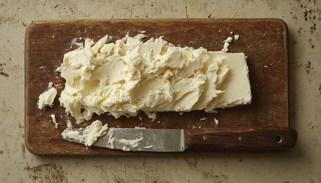 Butter on wooden board, sliced, kitchen, rustic background