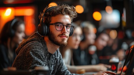 Young man gaming cafe headphones focus competition