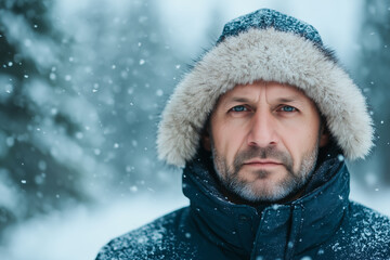 Serious middle-aged caucasian russian man wearing a warm fur-lined hooded jacket in a snow-covered forest, winter fashion, cold weather