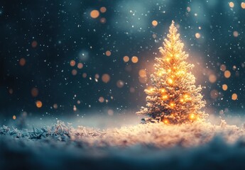 Naklejka premium Magical illuminated Christmas tree surrounded by snowflakes in a serene winter landscape, creating a festive and enchanting holiday atmosphere