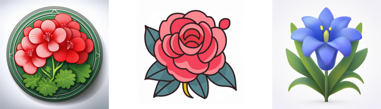 Three flower illustrations depict a red geranium in a green circle, a pink rose, and a blue gentian. Botanical style, vibrant colors.