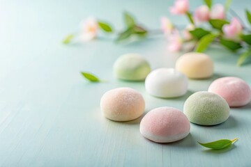 Pastel-colored mochi sweets arranged on a light blue wooden surface with delicate blossoms and leaves in the background, a delectable and visually appealing arrangement of confectionery delights
