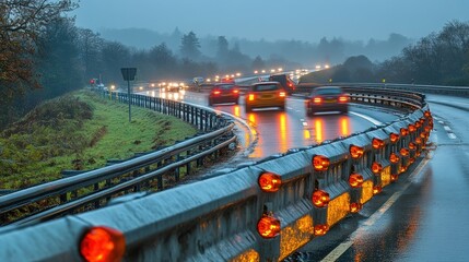 Wet highway curve, traffic, rain, night, fog, safety barrier, lights, driving